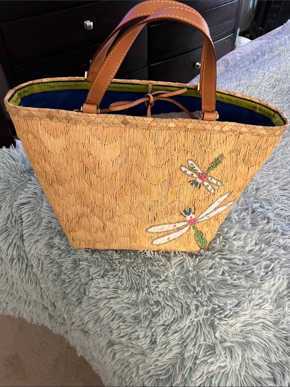 KATE SPADE RARE COLLECTORS Natural Straw Dragonfly Tote with Tan Handles EUC